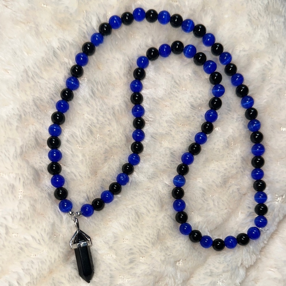 Black Onyx and Blue Cat’s Eye necklace
